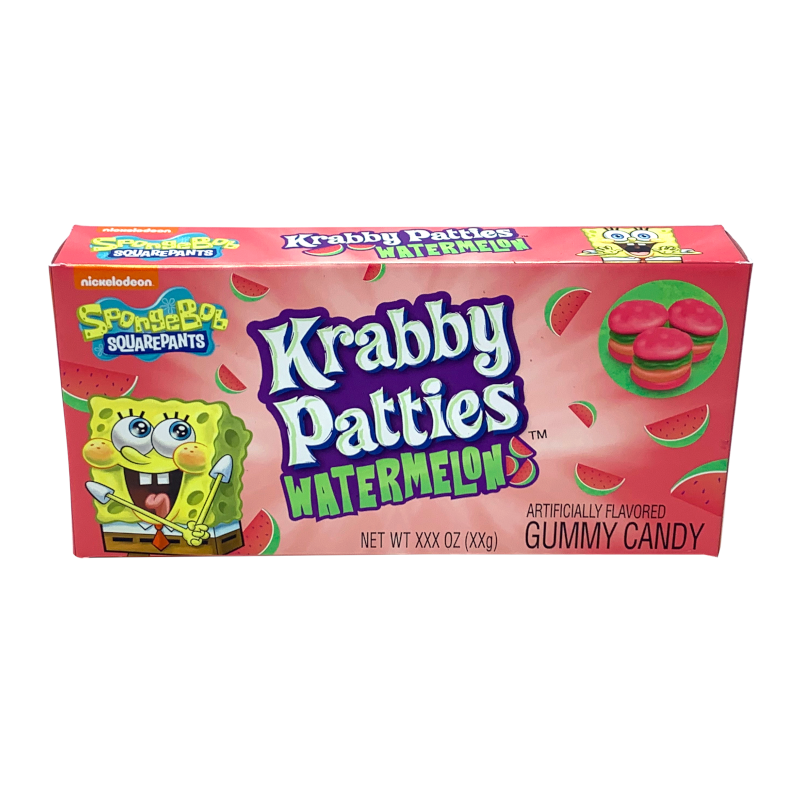 Front of Spongebob Squarepants Gummy Krabby Patties Watermelon Theatre Box showing colourful packaging, watermelon flavour label, and gummy candy image (72g pack)