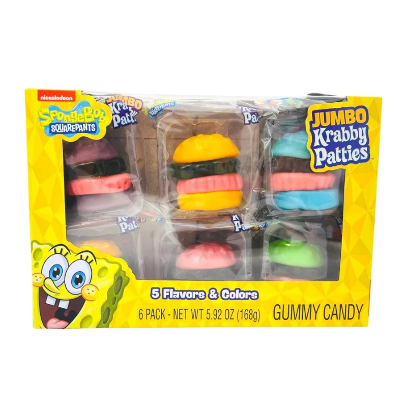 Front of Spongebob Squarepants Jumbo Krabby Patties 6 Pack showing colourful gummy candies in hamburger shapes, featuring the logo and 168g pack size.