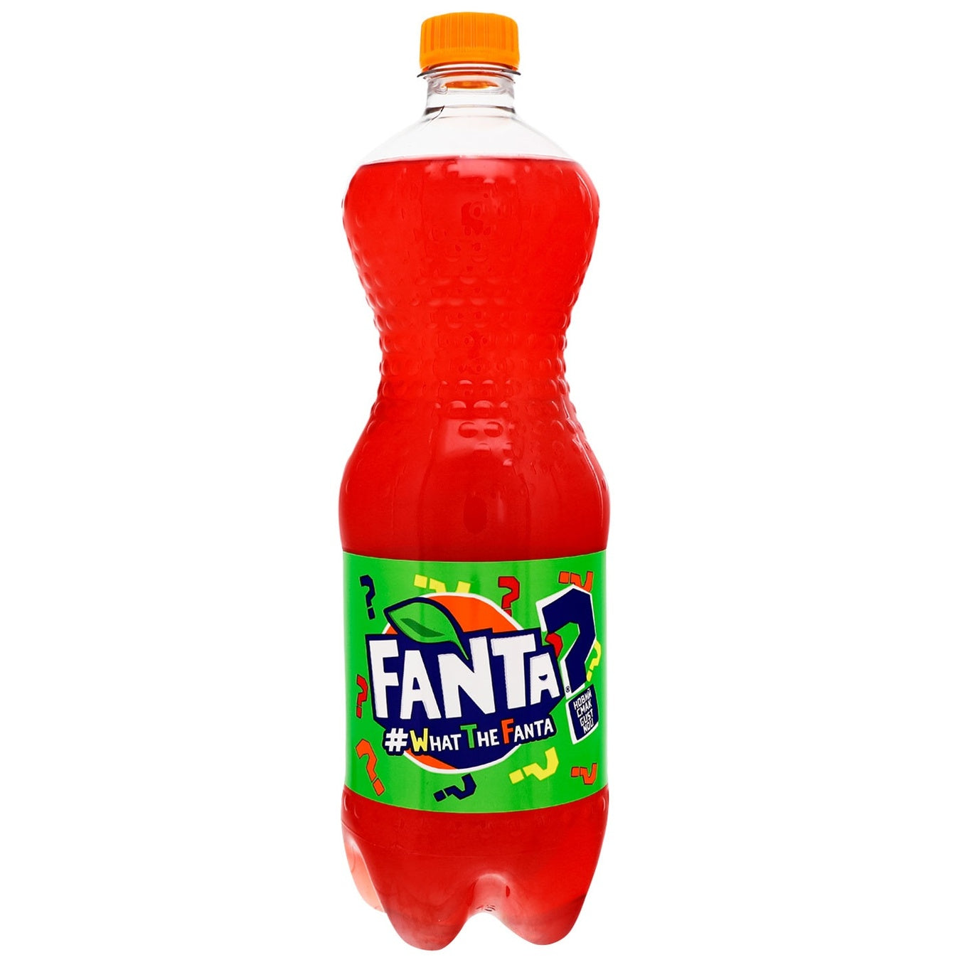 Front of Fanta WhatTheFanta? 500ml bottle featuring bold logo, colourful design, and playful question marks on a bright background.