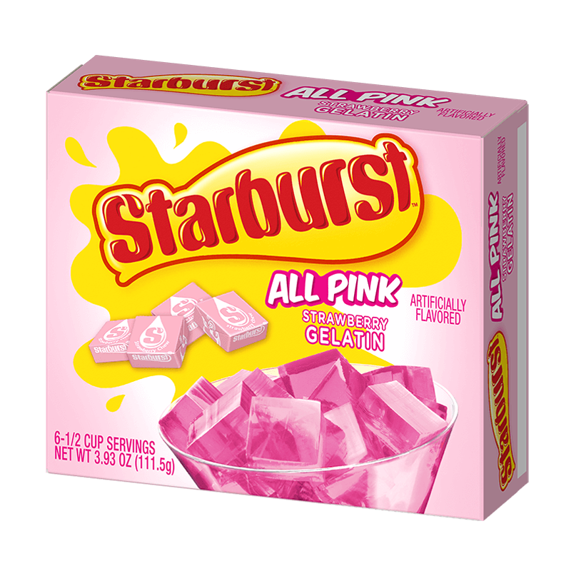 Front of Starburst All Pink Strawberry Jelly Gelatin package showing pink logo, strawberry flavour details, and gel cubes in a bowl (111.5g pack)