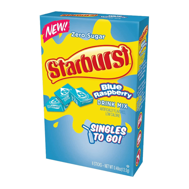 Front of Starburst Blue Raspberry Singles to Go box showing blue raspberry drink mix, logo, and pack size (6 sticks, 13.8g)