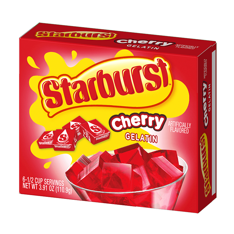 Front of Starburst Cherry Jelly Gelatin box displaying bright red and yellow packaging with cherry flavour label and bowl of jelly cubes (111.7g pack)