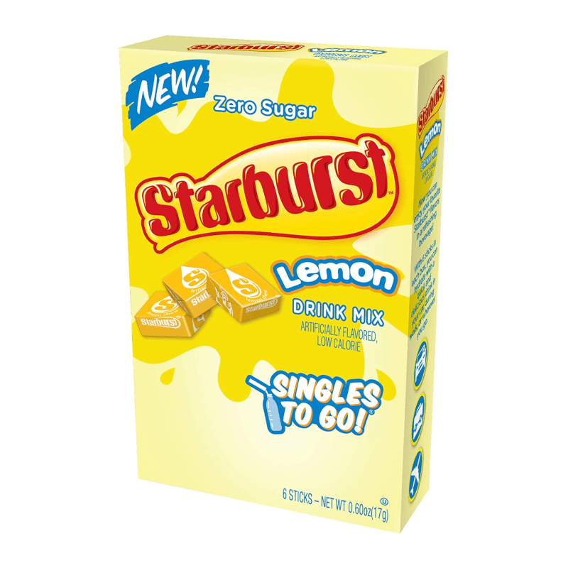 Front of Starburst Lemon Singles to Go pack showing bright yellow packaging, lemon flavour label, and mentions of drink mix in 6 stick format.