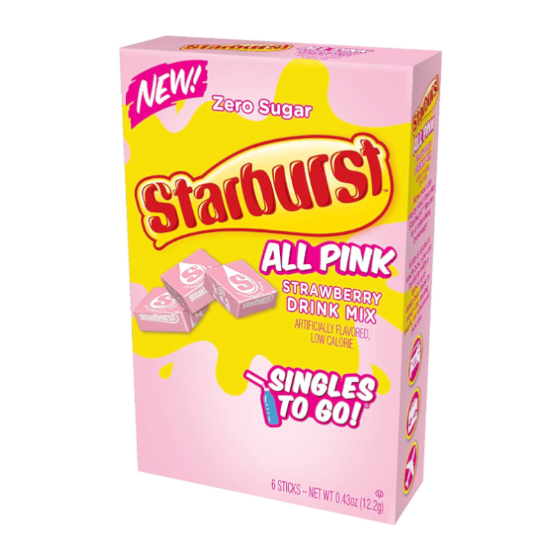 Front of Starburst All Pink Strawberry Singles to Go 6 Pack showing logo, strawberry flavour label, and drink mix sticks (12.2g pack)