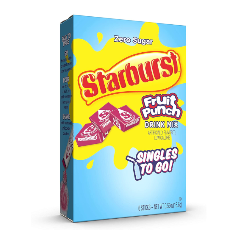 Front of Starburst Fruit Punch Singles to Go 6 Pack showing bright packaging with logo, fruit punch flavour label, and single-serving drink mix packs (16.6g)