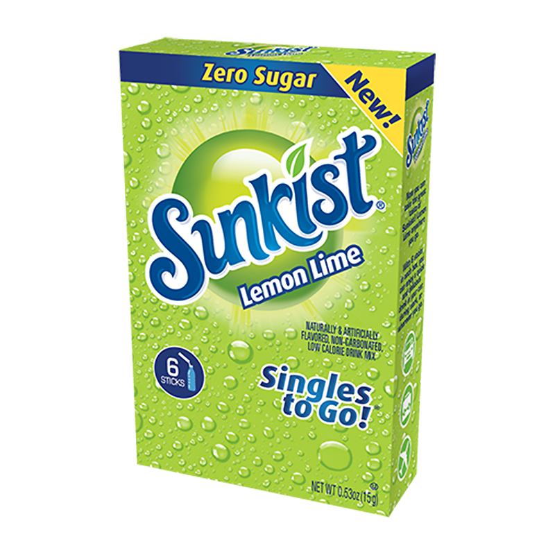 Front of Sunkist Lemon Lime Singles to Go box showing green packaging, lemon-lime flavour label, and 6 drink mix sticks (15g)