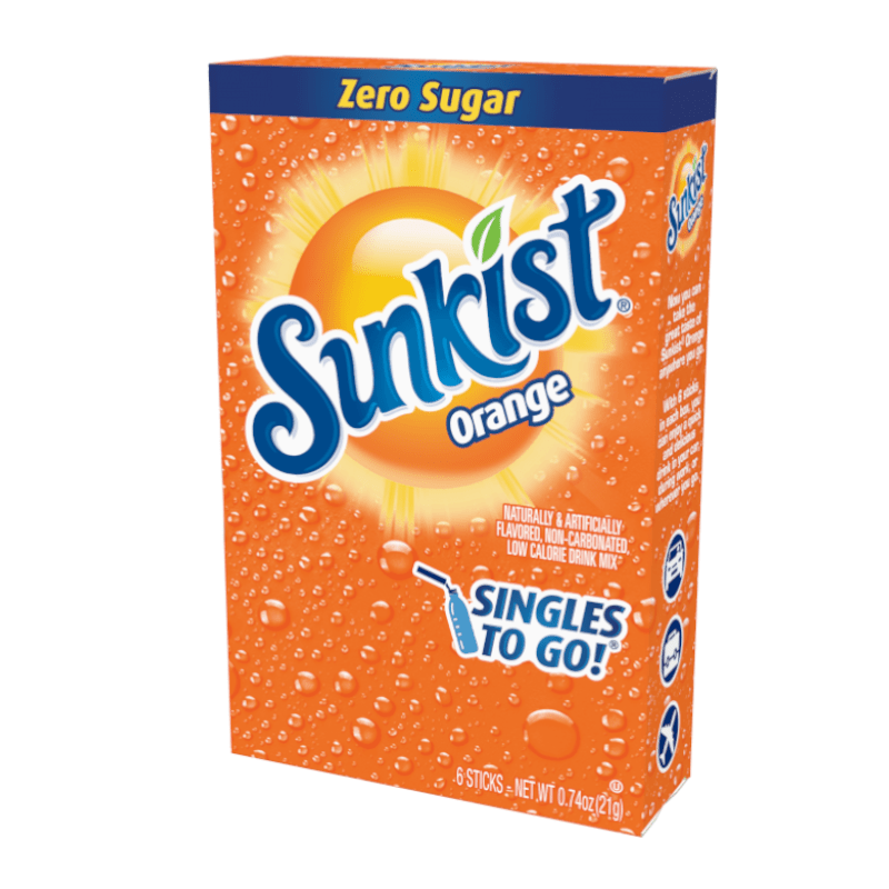 Front of Sunkist Orange Singles to Go box featuring bright orange design, logo, and six drink sticks (21g pack)