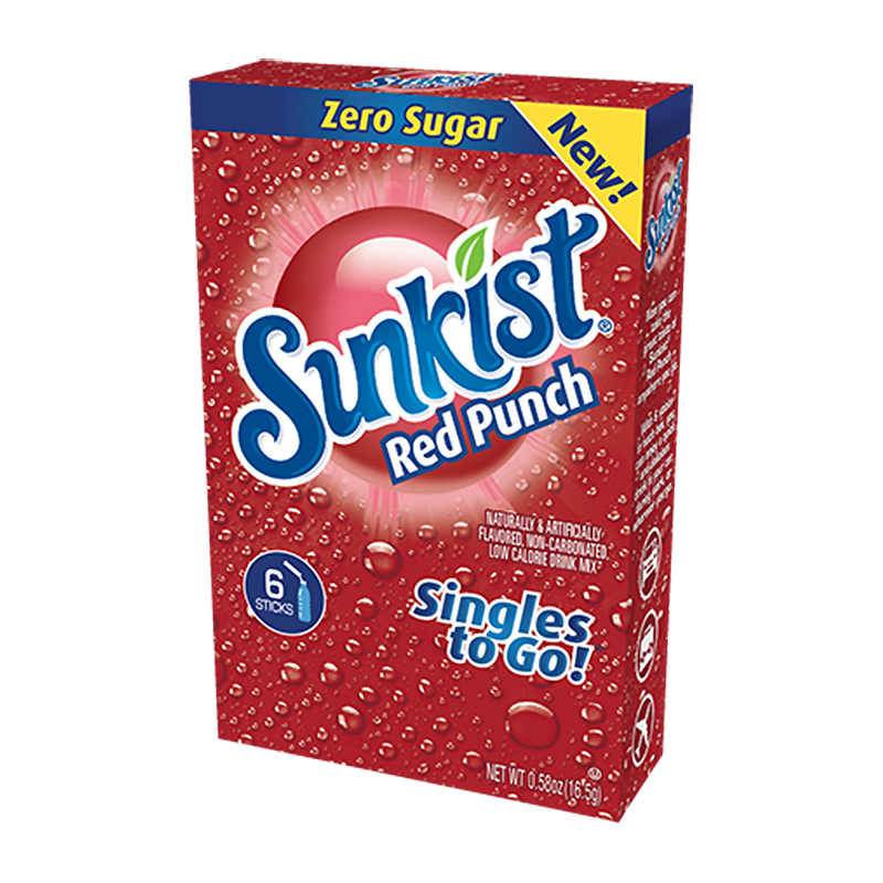Front of Sunkist Red Punch Singles to Go box showing vibrant red design, logo, and information about 6 sticks in a 16.5g pack