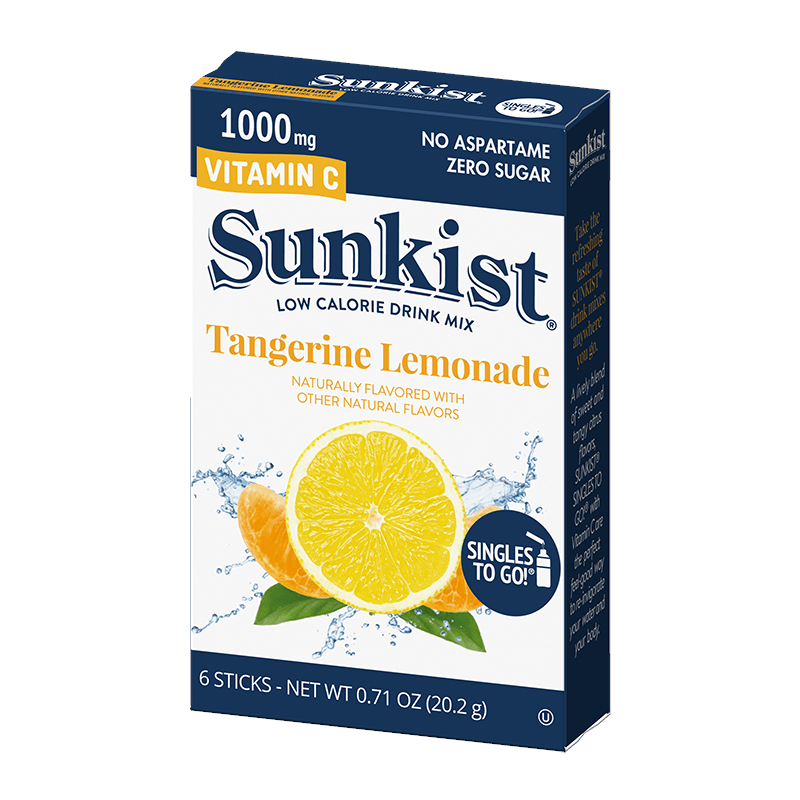 Front of Sunkist Singles To Go Tangerine Lemonade box showing brand logo, tangerine lemonade flavour, and 20.2g pack size details.