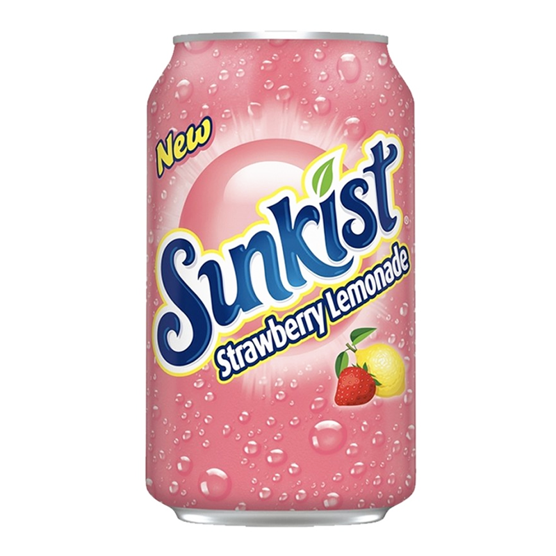 Front of Sunkist Strawberry Lemonade can showing blue logo, strawberry lemonade label, and fizzy design (355ml pack)