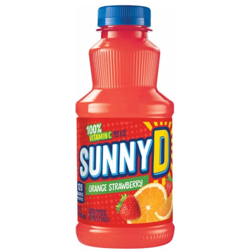 Front of Sunny D Orange Strawberry bottle showing bright logo, orange and strawberry graphics, and pack size (473ml)