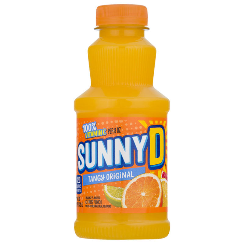 Front of Sunny D Tangy Original bottle showing the bright logo, citrus punch label, and orange colour (473ml pack)