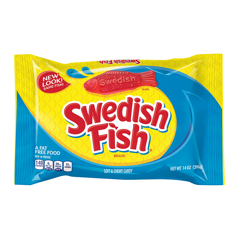 Front of Swedish Fish Red Big Bag showing the vibrant yellow and blue design with the brand name and a fish logo (396g pack)