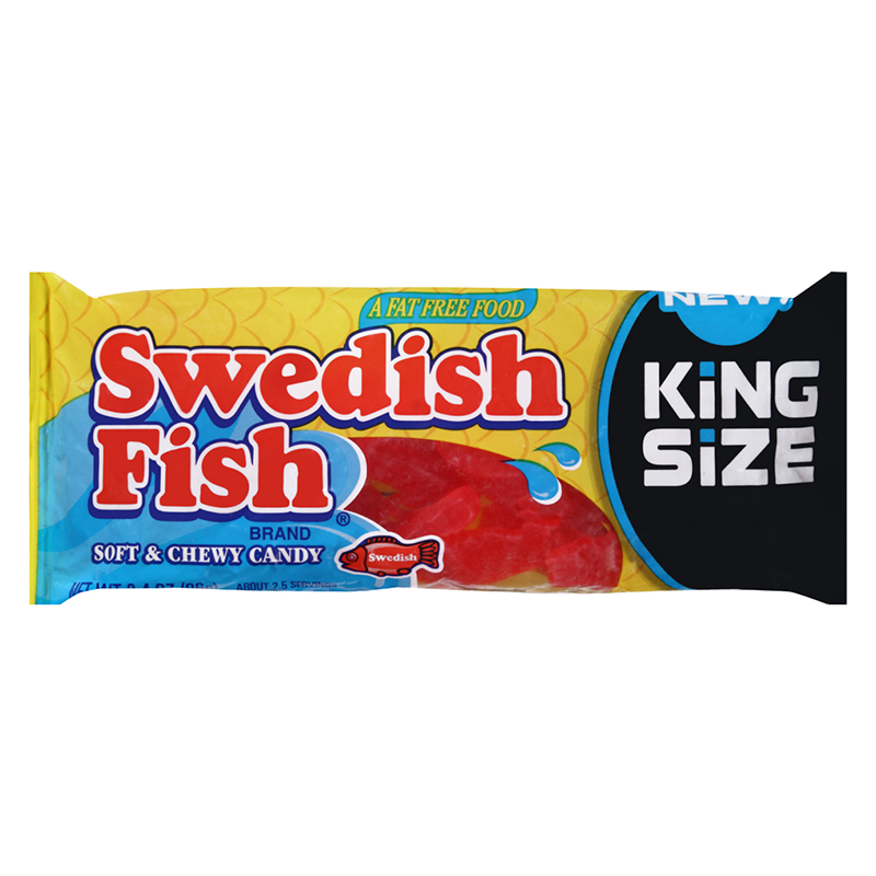 Front of Swedish Fish Red King Size pack showing bright yellow background, large blue logo, and image of soft and chewy candy (96g pack)