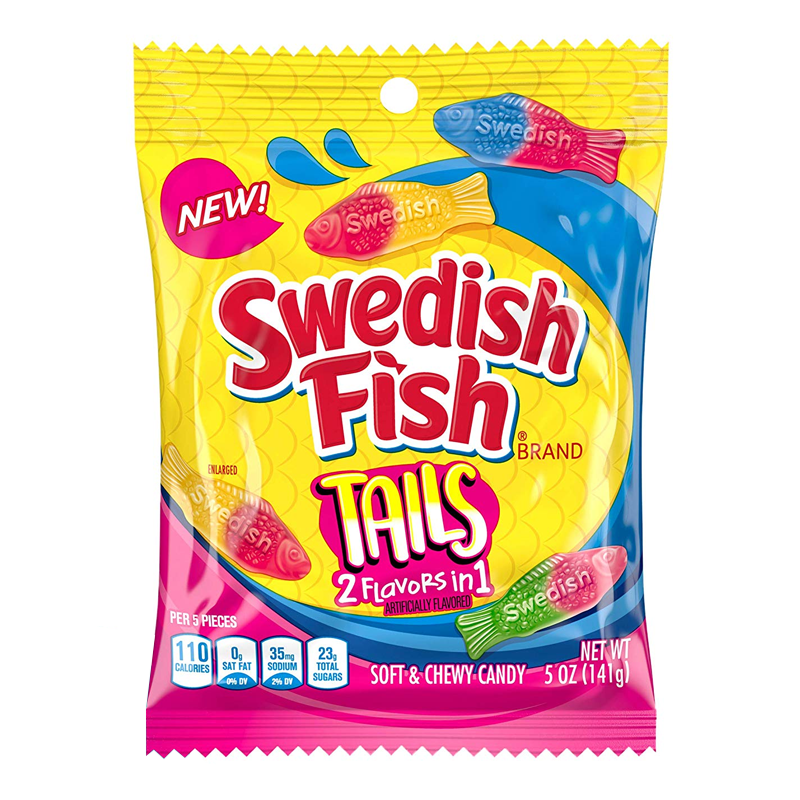 Front of Swedish Fish Tails bag showing bright packaging with multi-coloured fish shapes, featuring the product name and pack size (102g pack)