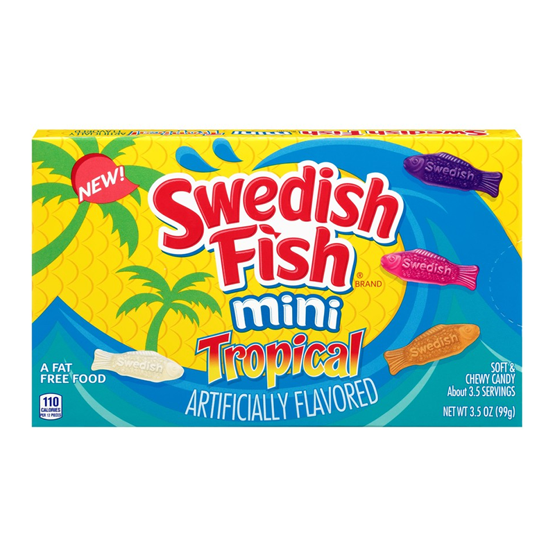 Front of Swedish Fish Tropical Theatre Box showing vibrant tropical design, brand logo, and candy pieces (99g pack)