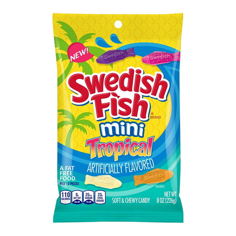 Front of Swedish Fish Tropical bag featuring a bright design with palm trees and tropical colours, showcasing the product title and 226g pack size