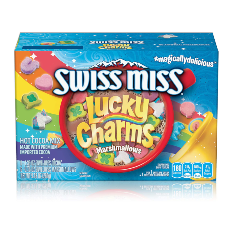 Front of Swiss Miss Cocoa with Lucky Charms Marshmallows box showing brand logo, playful marshmallow graphics, and pack size (260g)