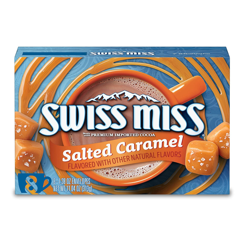Front of Swiss Miss Salted Caramel Hot Cocoa Mix box showing the brand logo, salted caramel flavour, and 313g pack details