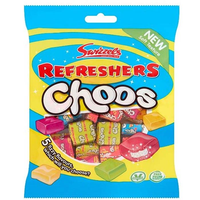Front of Swizzels Refresher Choos Share Bag showing vibrant packaging, bright colours, and a mix of fruity sweet pieces (135g pack)
