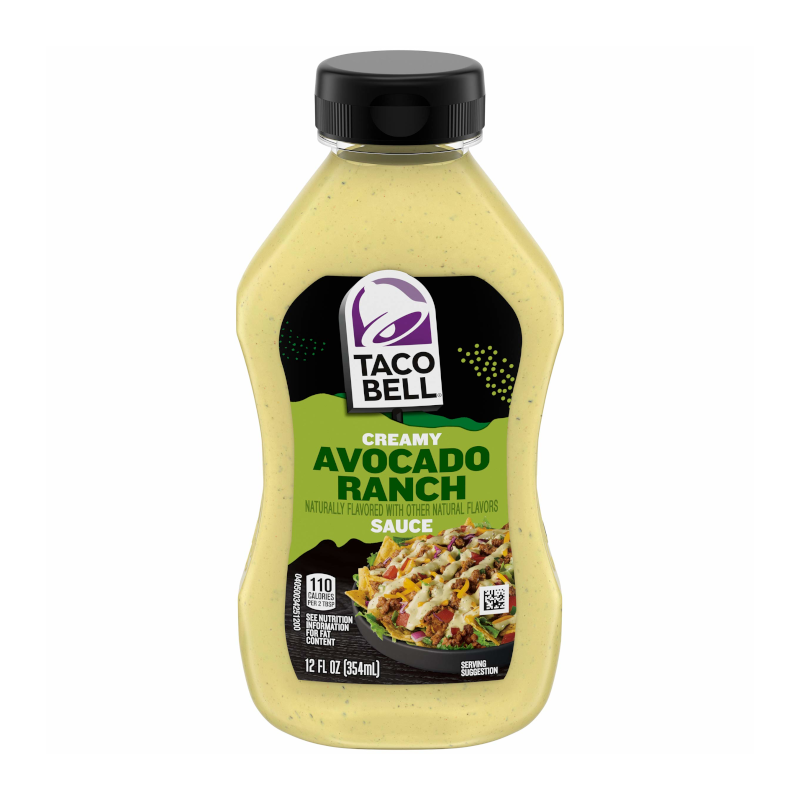 Front of Taco Bell Avocado Ranch Sauce bottle featuring creamy avocado flavour label, logo, and serving suggestion (354ml pack)