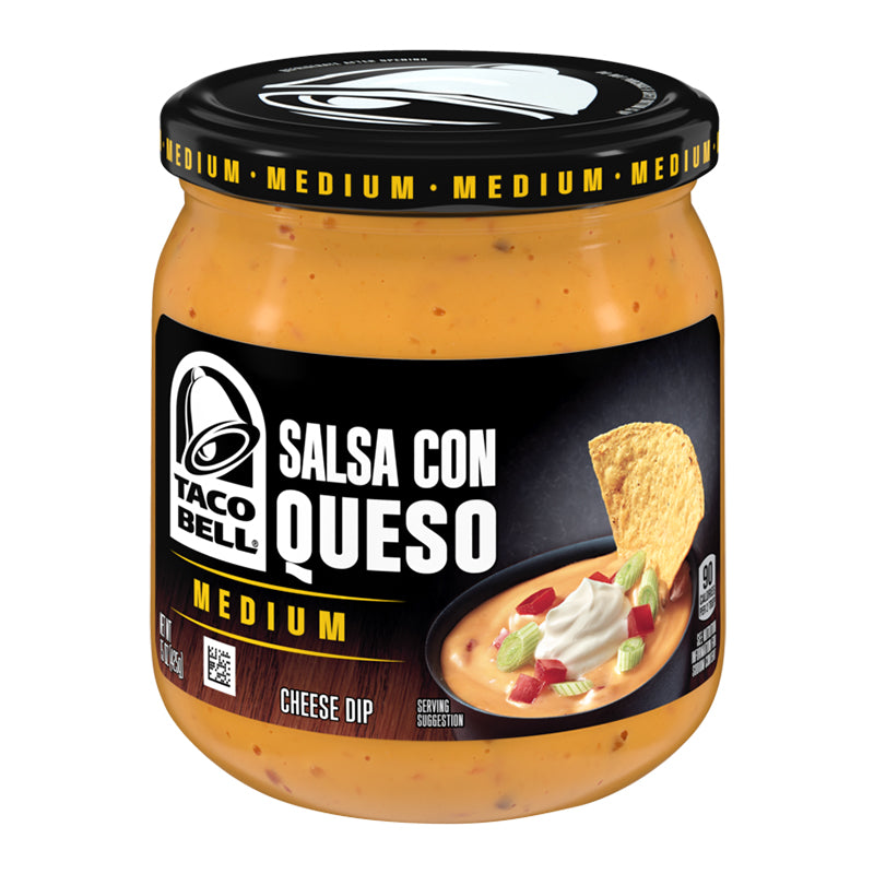 Front of Taco Bell Medium Salsa Con Queso jar showing logo, salsa con queso label, and serving suggestion with cheese dip and a tortilla chip (425g pack)