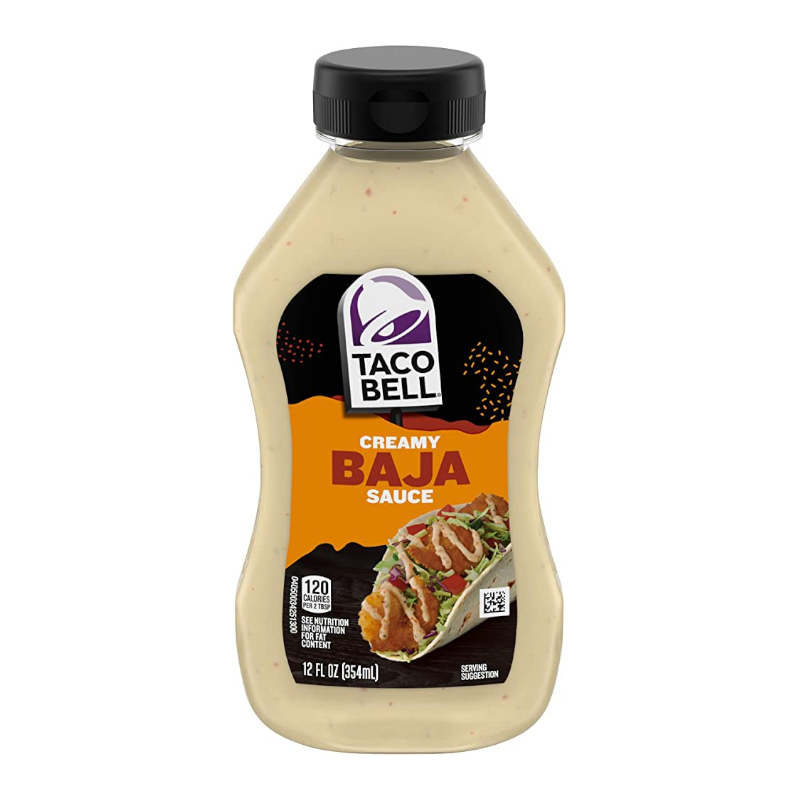 Front of Taco Bell Creamy Baja Sauce bottle showing brand logo, creamy flavour label, and image of tacos (354ml pack)