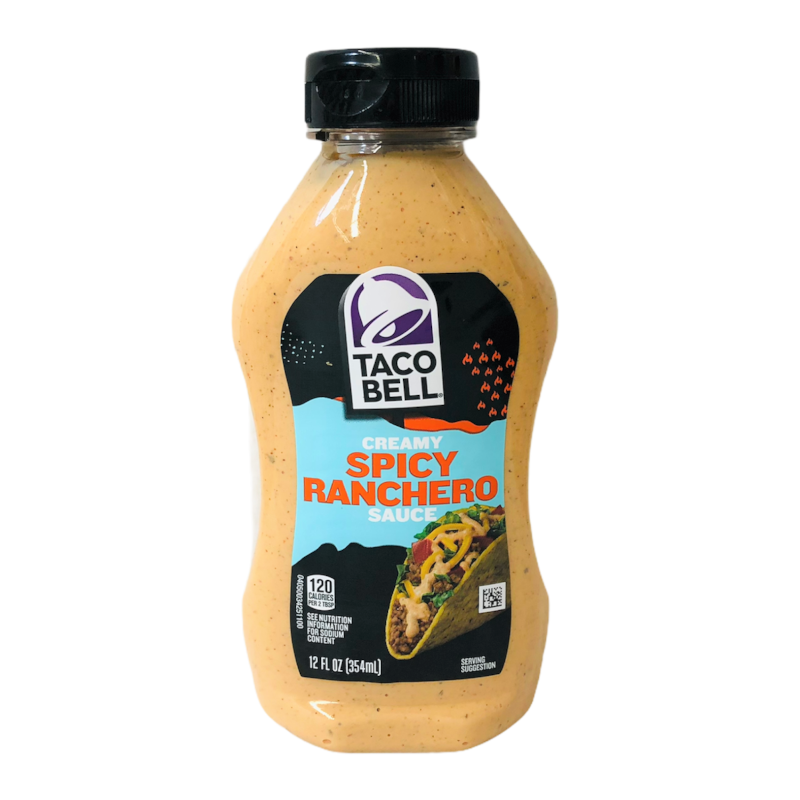 Front of Taco Bell Creamy Spicy Ranchero Sauce bottle showing logo, creamy sauce, and serving suggestion with taco (354ml pack)
