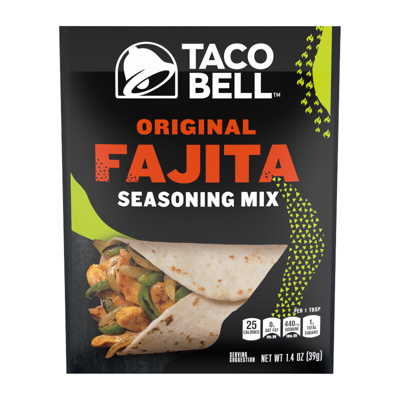 Front of Taco Bell Original Fajita Seasoning Mix pouch displaying bold logo, fajita seasoning mix title, and image of seasoned chicken and vegetables wrapped in a tortilla (39g pack)