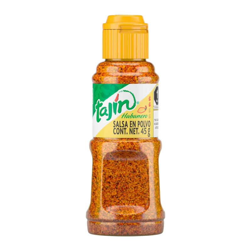 Front of Tajin Habanero Fruit Seasoning bottle featuring bold green and yellow label, filled with spicy seasoning (45g pack)