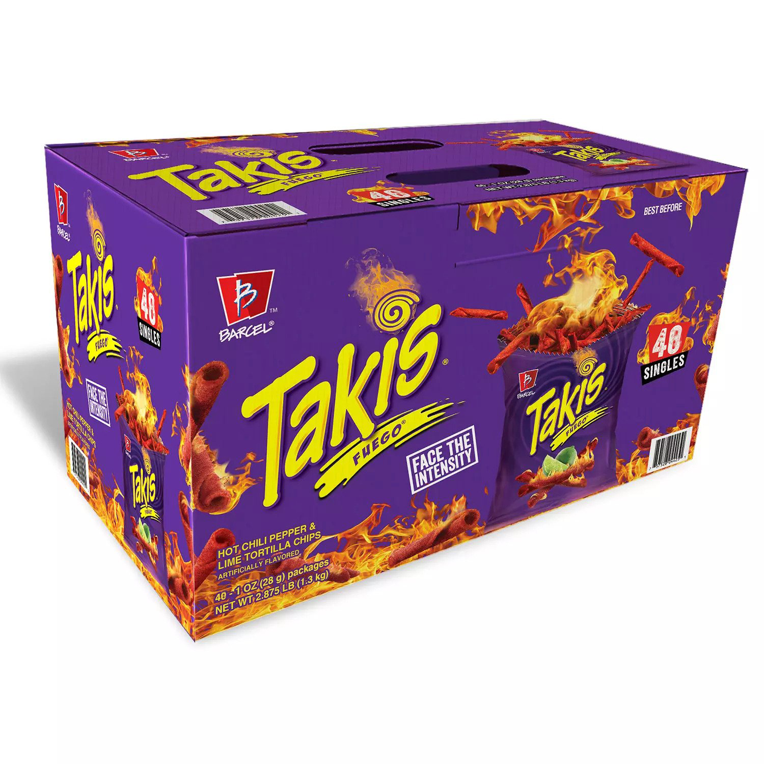 Front of Takis Fuego box showing the purple design, bold logo, and details with hot chilli pepper and lime flavour (box of 48 singles)