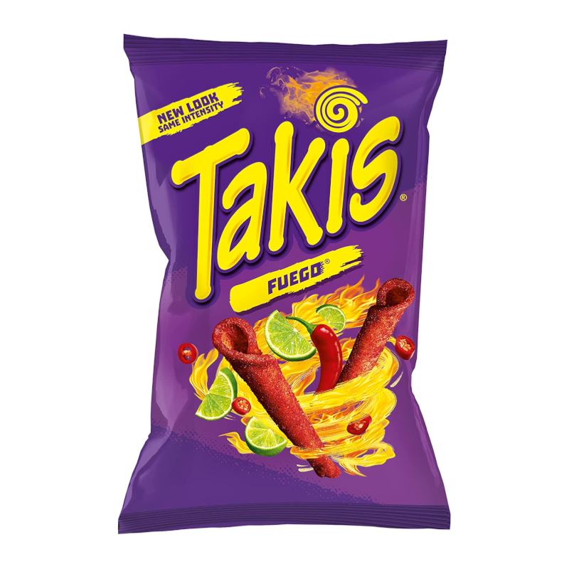 Front of Takis Fuego Rolled Tortilla Corn Chips bag showing the vibrant purple packaging with bold yellow logo, rolled chips, and spicy chili imagery (280g pack)