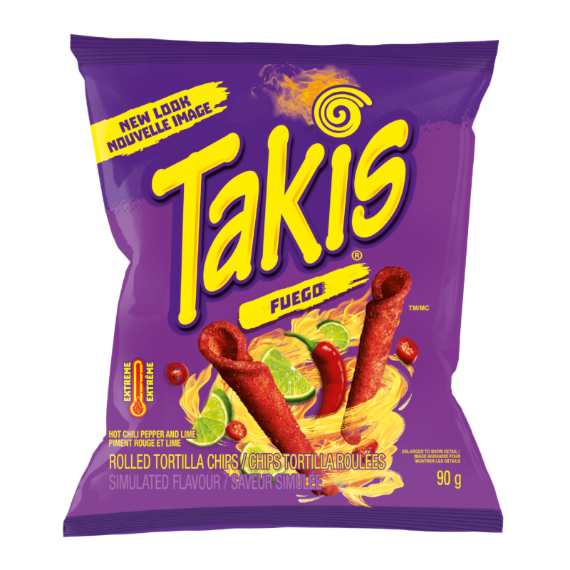 Front of Takis Fuego bag showing vibrant packaging, logo, and rolled tortilla chips with hot chilli and lime flavour (92.3g pack)