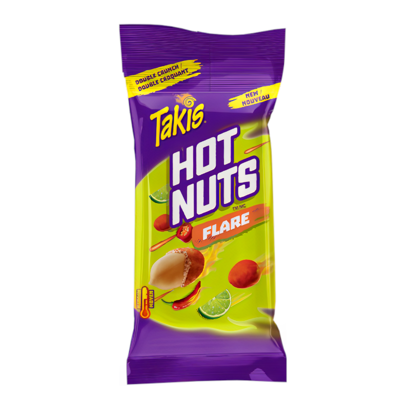 Front of Takis Hot Nuts Flare bag showing bright packaging with bold purple logo, crunchy nuts, lime, and pack size (90g)