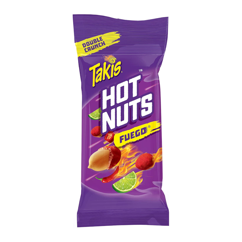 Front of Takis Hot Nuts Fuego bag showing bold purple packaging, logo, fiery design, and visible nuts (90g pack)