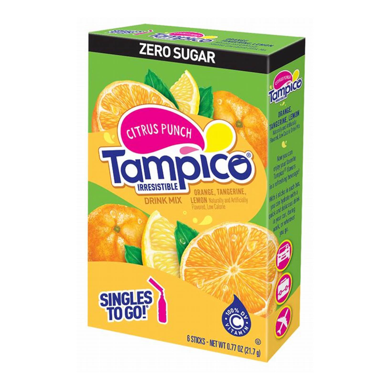 Front of Tampico Singles To Go Citrus Punch box featuring vibrant design with orange and lemon slices, showing drink mix sticks (21.7g box)