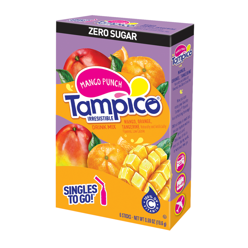 Front of Tampico Mango Punch Singles To Go pack featuring mango, orange, and tangerine graphics with drink mix details (19.6g)