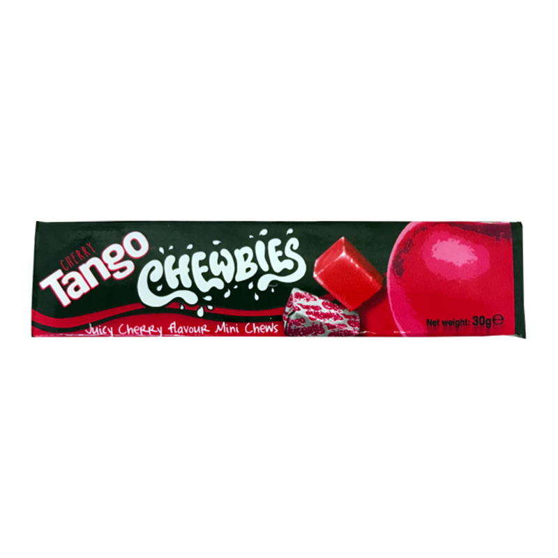 Front of Tango Chewbies Cherry pack showing logo, juicy cherry flavour text, and imagery of cherry chews (30g pack)