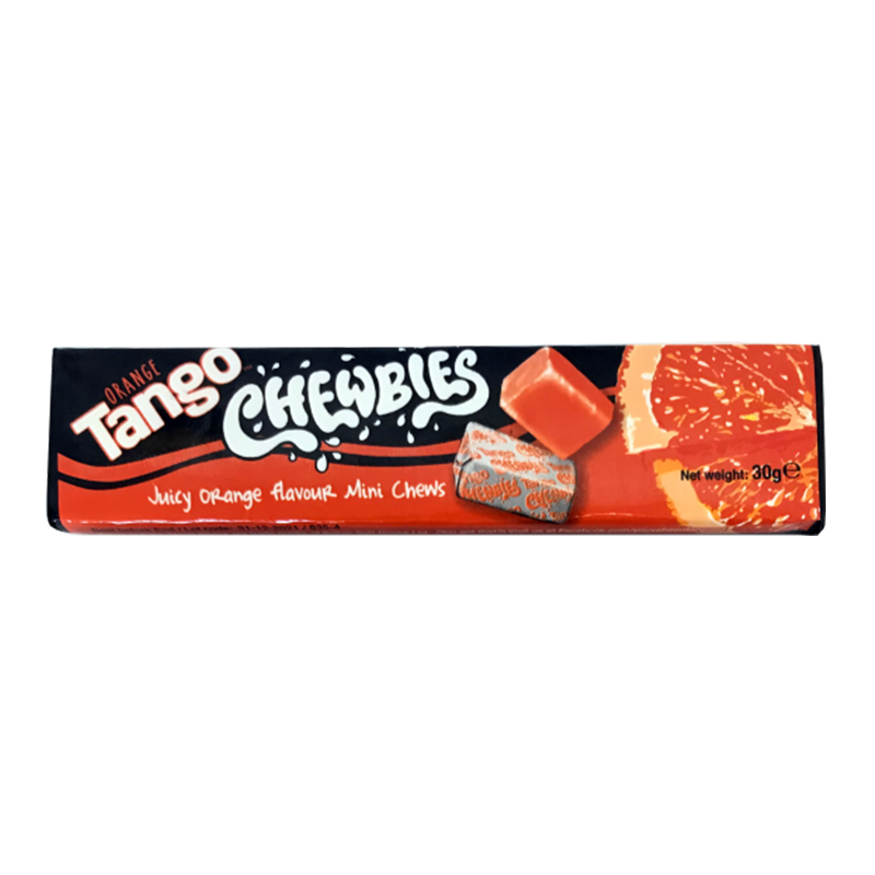 Front of Tango Chewbies Orange pack showing the logo and juicy orange flavour label, featuring mini chews and an orange slice (30g pack)