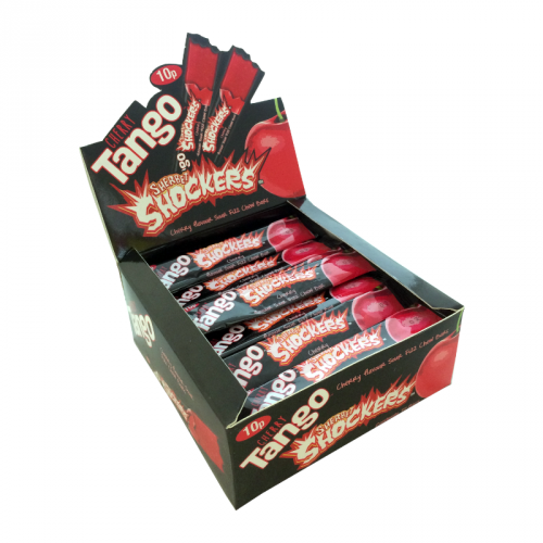 Front of Tango Cherry Sherbet Shockers full box showing colourful cherry-themed design and product name with 72 x 11g bars inside