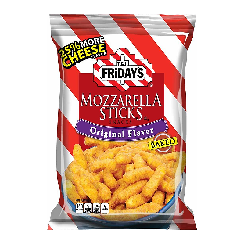 Front of TGI Fridays Mozzarella Sticks Baked Snacks bag showing the logo, original flavour label, and image of baked mozzarella sticks (99g pack)