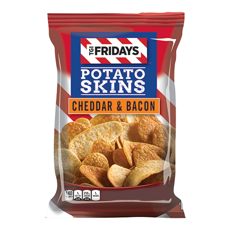 Front of TGI Fridays Cheddar & Bacon Potato Skins bag showing blue and red branding with crispy potato snack image (113g pack)