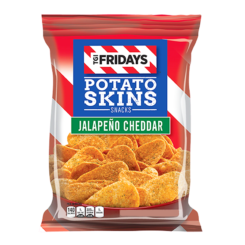 Front of TGI Fridays Jalapeno Cheddar Potato Skins bag showing logo, jalapeno cheddar flavour text, and crispy potato snacks (113g pack)