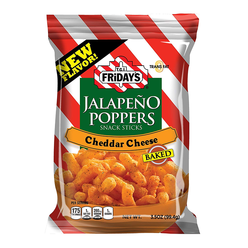 Front of TGI Fridays Jalapeño Poppers Snack Sticks bag showcasing the logo and cheddar cheese flavour (99g pack)