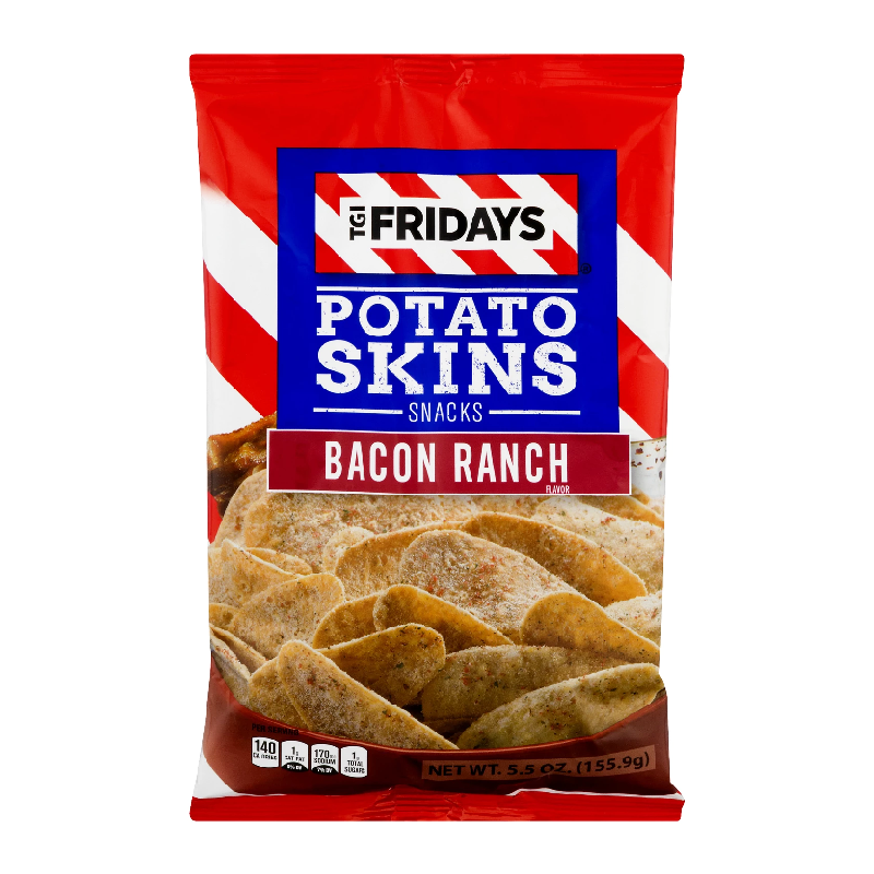 Front of TGI Fridays Potato Skins bag showing bold logo, bacon ranch flavour label, and image of crunchy potato snacks (113g pack)