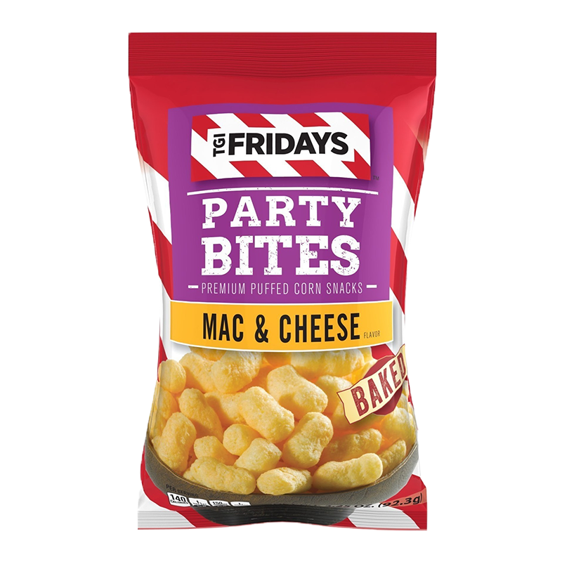 Front of TGI Fridays Mac & Cheese Party Bites bag showing vibrant packaging with purple and red design, featuring puffed corn snacks (92g pack)