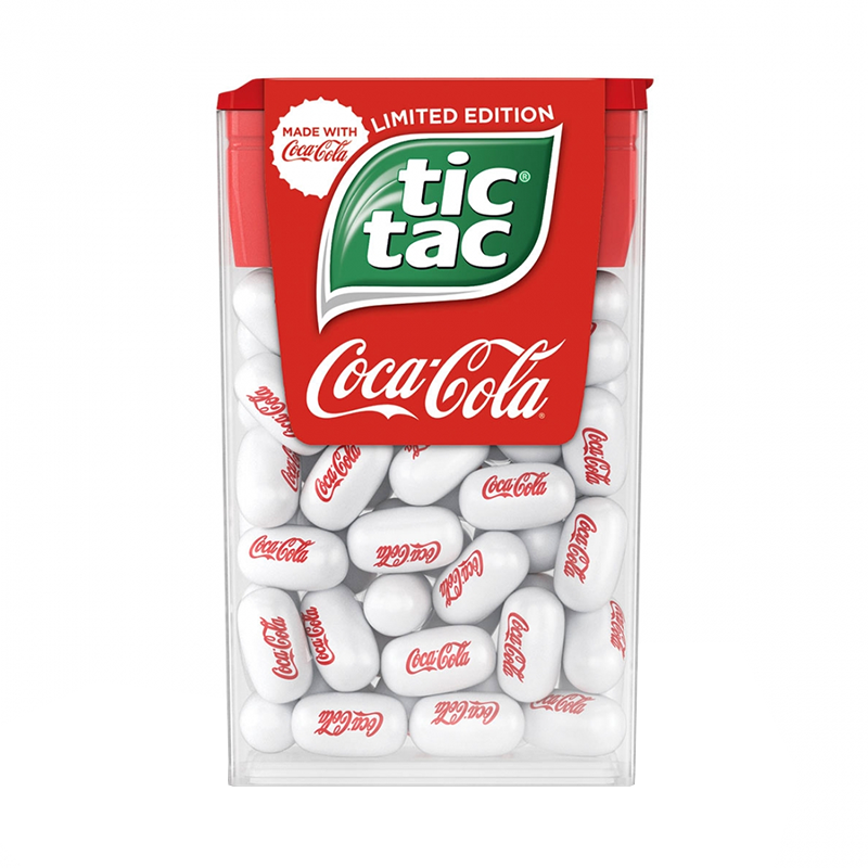 Front of Tic Tac Coca Cola (Limited Edition) pack showing bold green Tic Tac logo, Coca Cola branding, and white mints inside (18g pack)