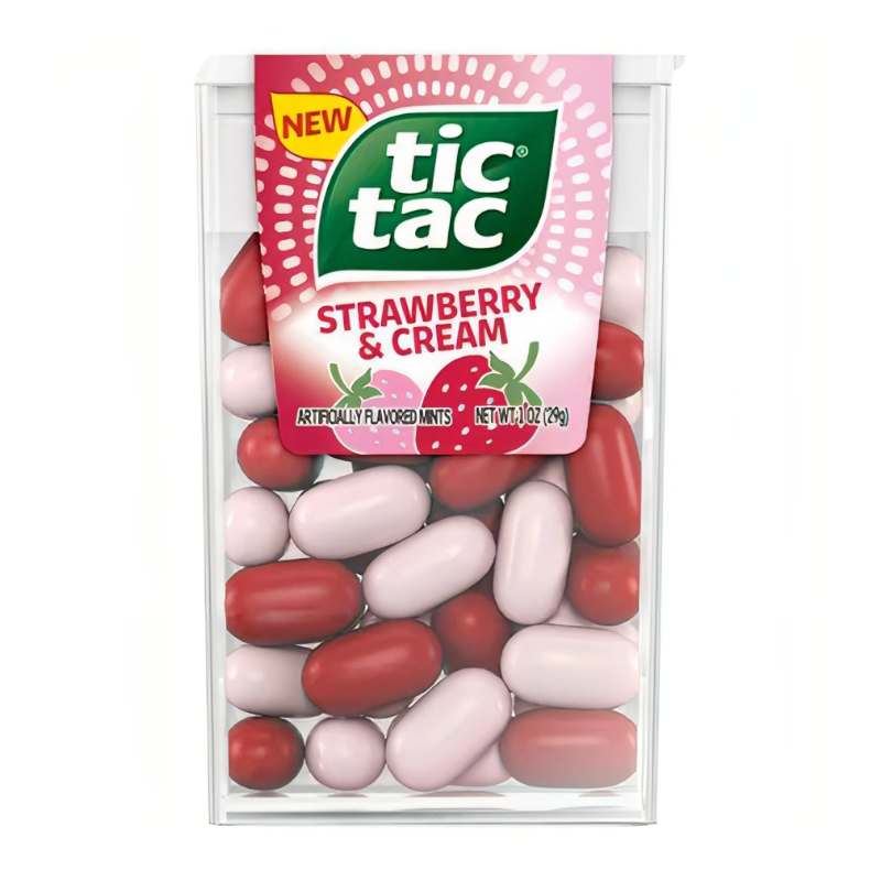Front of Tic Tac Strawberry & Cream package showing vibrant branding, flavour title, and assorted mints (29g pack)