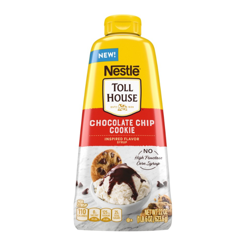 Front of Toll House Chocolate Chip Cookie Syrup bottle showing logo, chocolate chip cookie flavour, and serving suggestion with ice cream (623.6g pack)