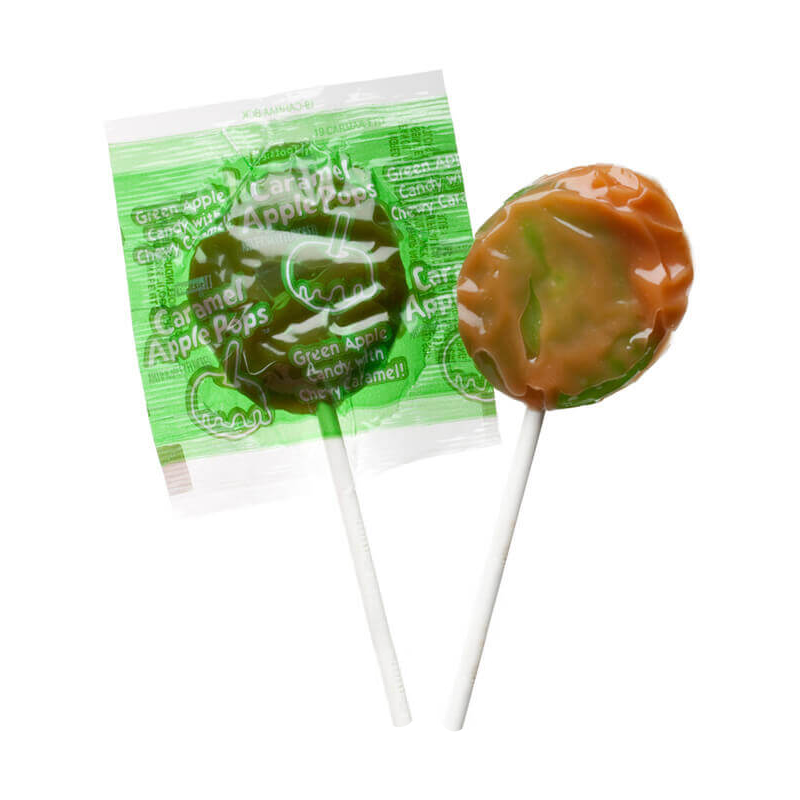 Front of Tootsie Caramel Apple Pop package showing green logo, caramel apple pop illustration, and 17g size label.